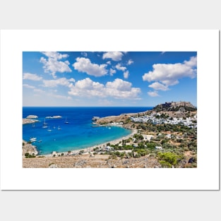 The village of Lindos with a beautiful bay, medieval castle and pictursque houses on a hill is the star of Rhodes, Greece. Posters and Art